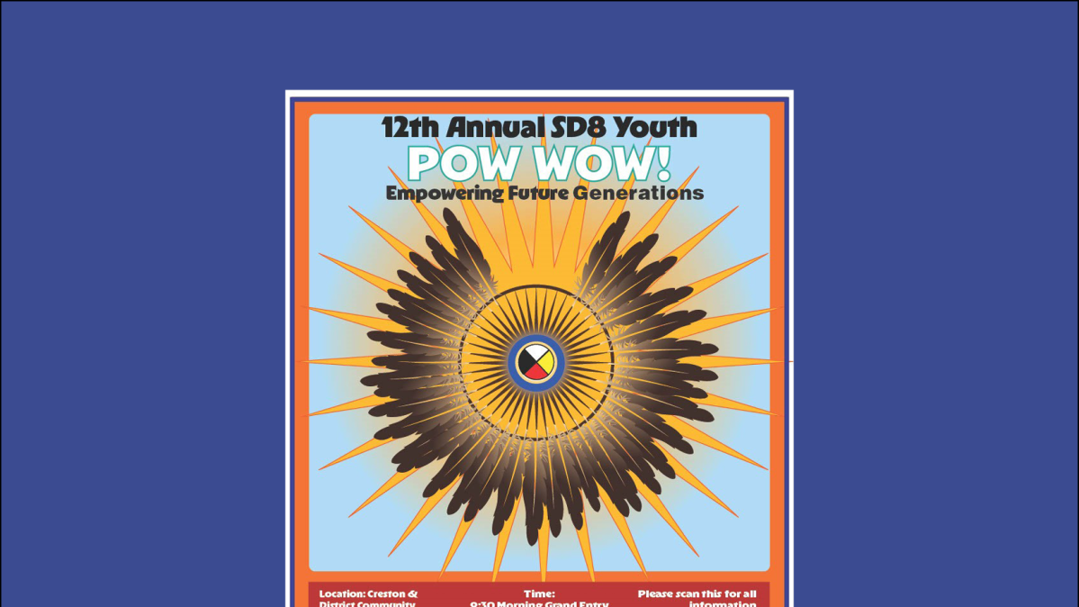 Circle of feathers with the words, "pow wow" in white text.