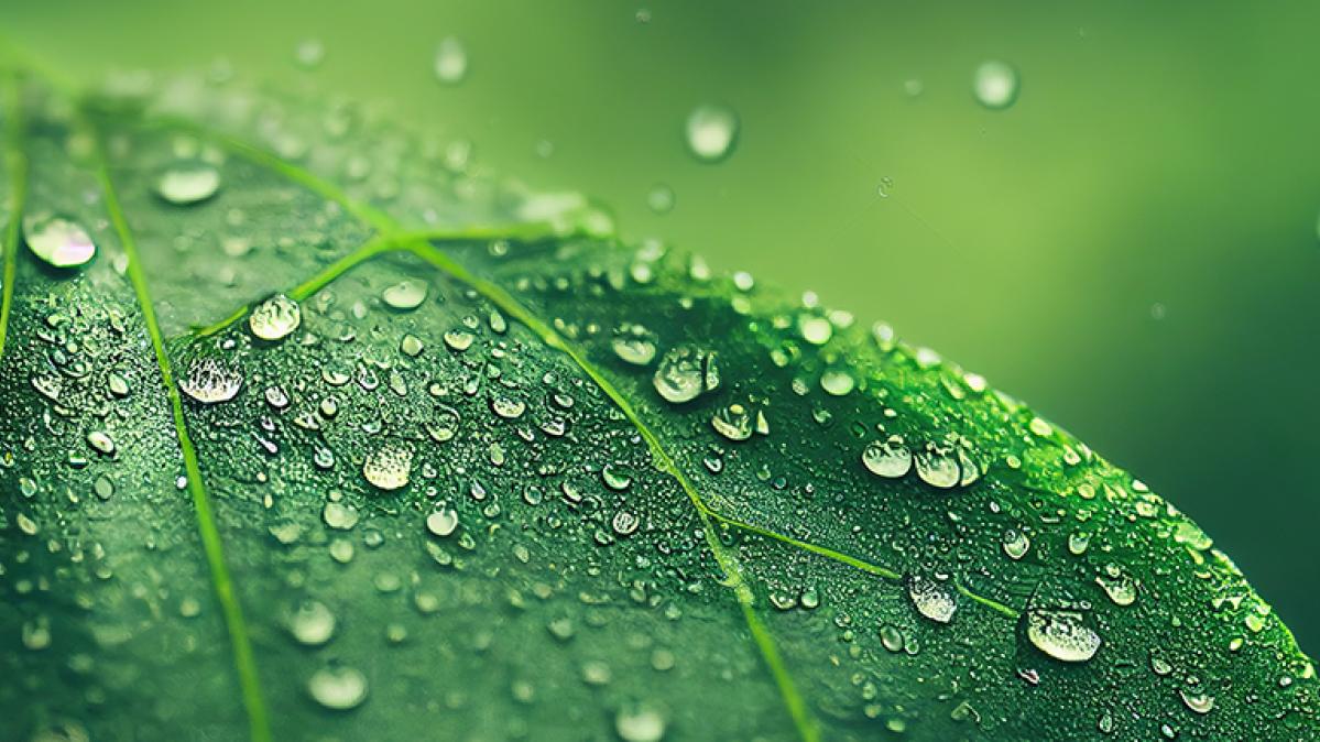 Drops of water on a green leaf