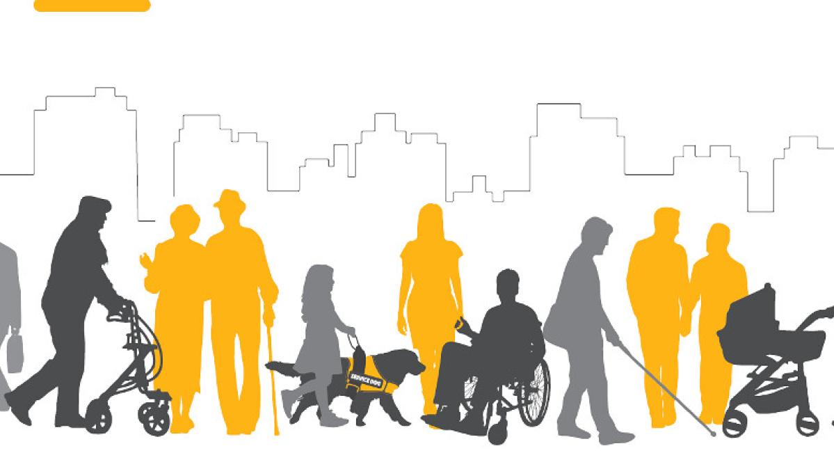 A grey and yellow graphic showing silhouettes of people using various modes of mobility and mobility assistance aids.