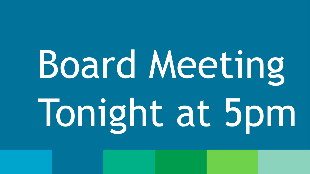 Blue graphic with green and blue printer bar at the bottom announcing that a board meeting is tonight