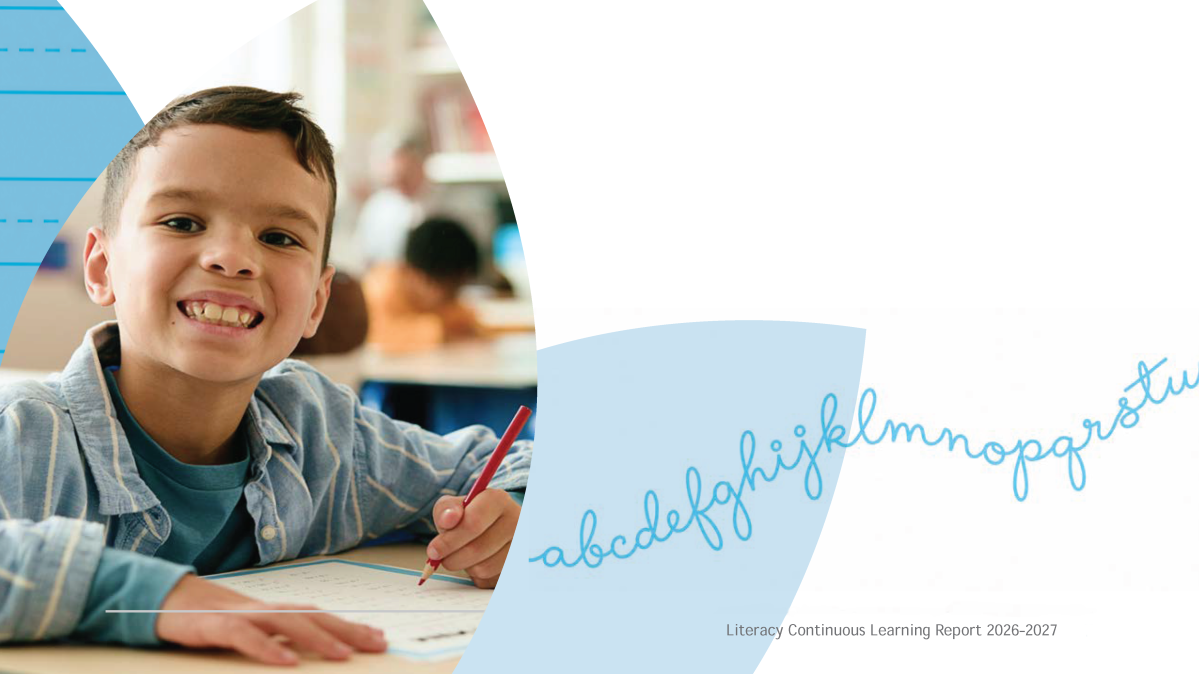 A flower motif graphic showing a smiling elementary school-aged boy holding a red pencil above a notebook, and a blue cursive alphabet flowing across the page