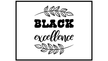 A black and white line drawing of horizontal leaf fronds framing the words, "Black Excellence."