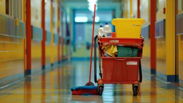 Red custodian's cart with yellow bucket and mop in an empty school hallway