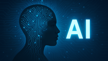Silhouette of a person's head with an overlay of circuitry and the letters, A I in lighter font.