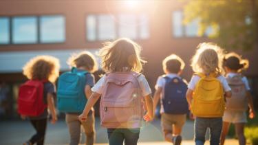 Children wearing colourful backpacks walk toward a brick school bathed in sunlight