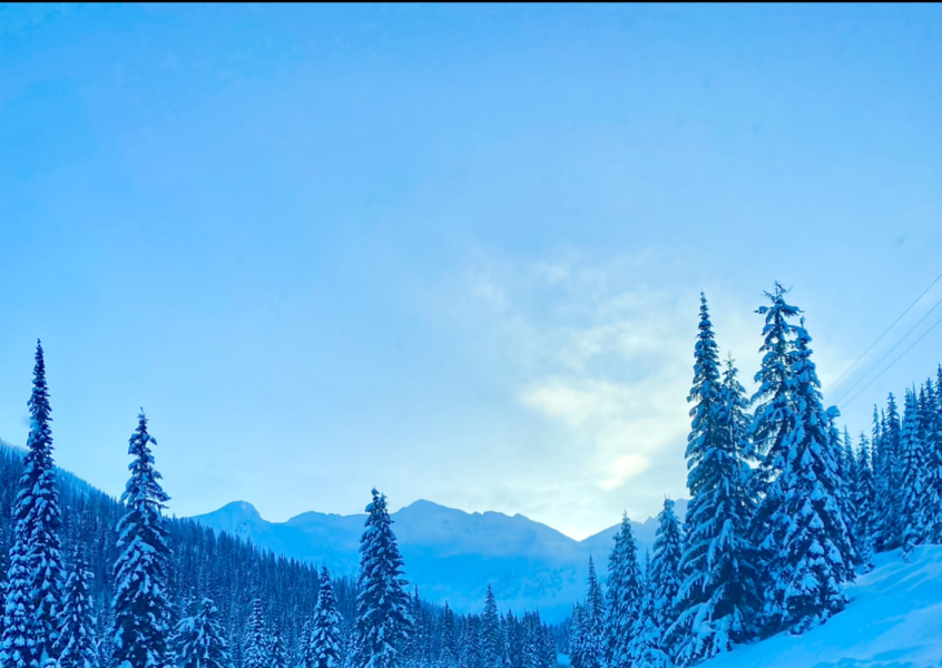 Winter scene with evergreen trees and a snowy slope in the foreground and the sun peaking through clouds between distant mountain peaks in the background