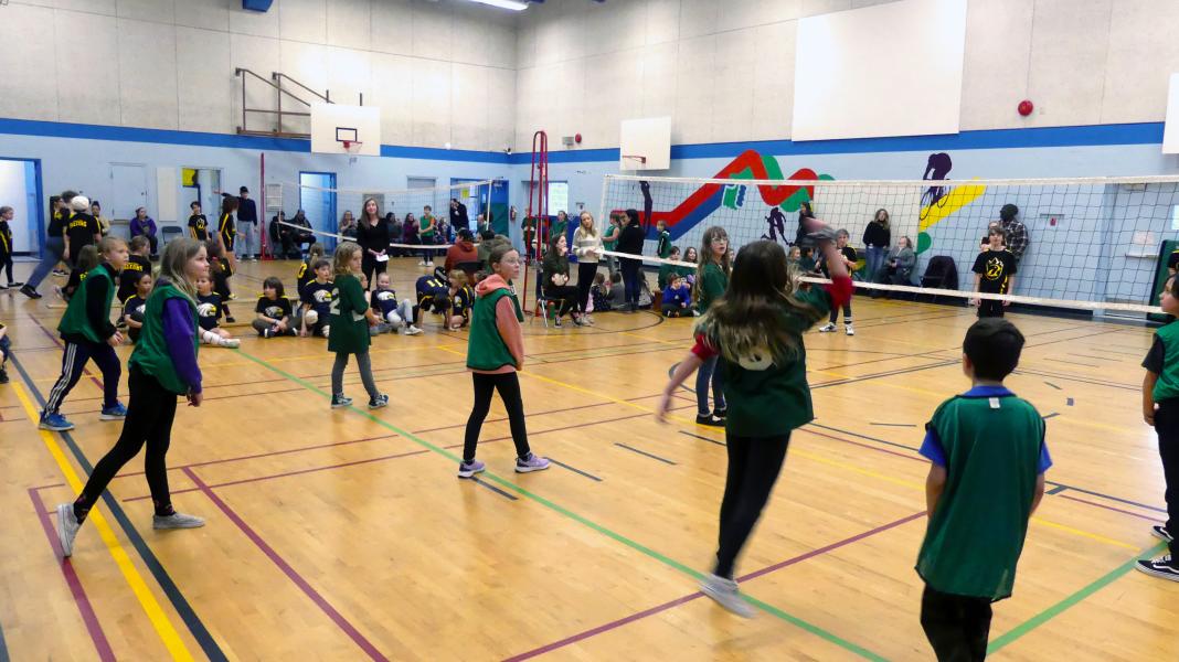 Boys and girls in a gym playing volleyball