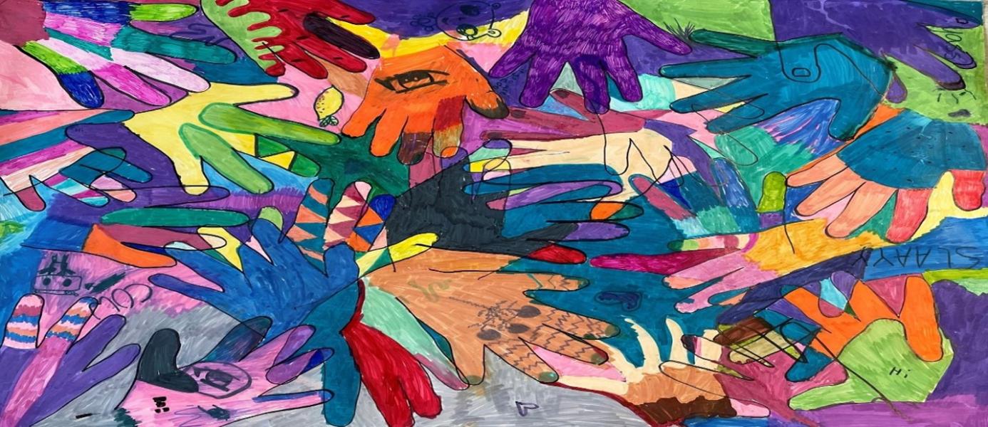 Colourful collage of drawings of hands overlapping