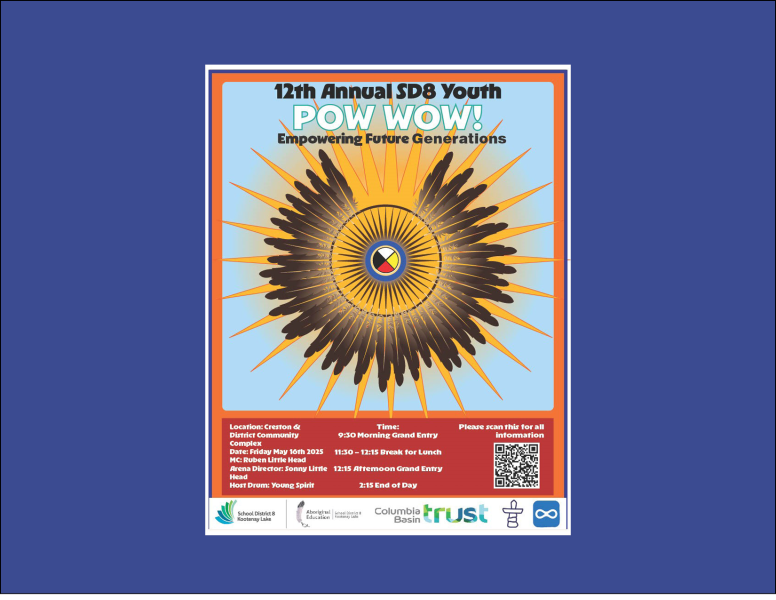 Circle of feathers with the words, "pow wow" in white text.