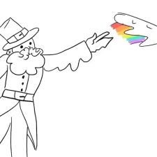 2D animation frame of bearded leprechaun throwing a rainbow cloud like a frisbee