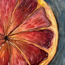 A painting of a citrus fruit cut in half